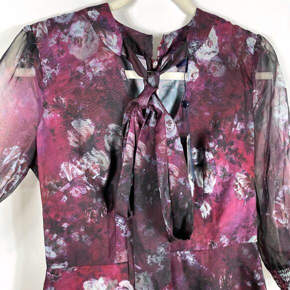 Marchesa Floral Midi Dress Purple Printed Chiffon Tiered Neck Tie Sz 2 Women - Picture 5 of 12
